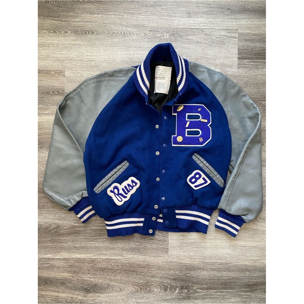 Vintage 80’ DeLONG Mens Varsity Letterman Jacket Wool Leather 46 L/XL Blue Grey